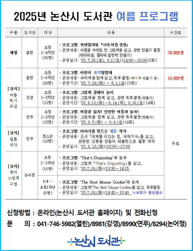 2025년 논산시 도서관 여름 프로그램 안내